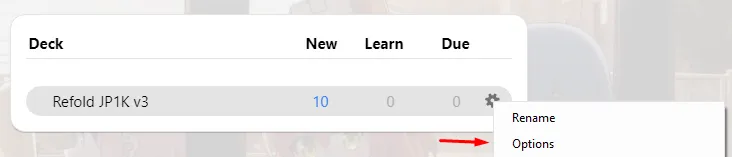 anki deck options